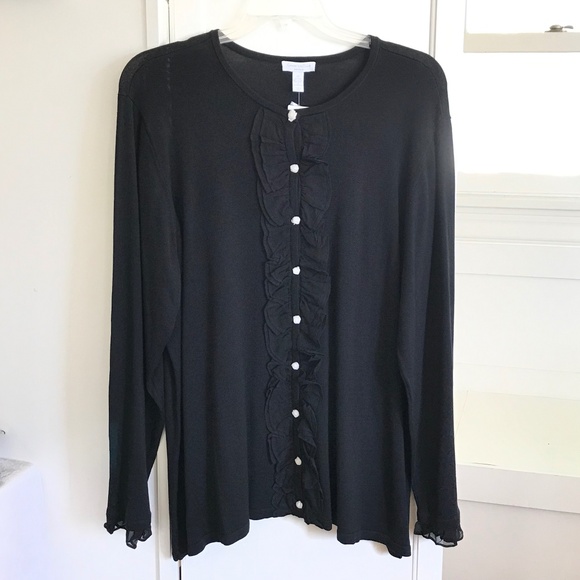 CHARTER CLUB Silk Cotton Cardigan Sweater Ruffle Black Women’s Plus Size 3X 2X - Picture 1 of 16
